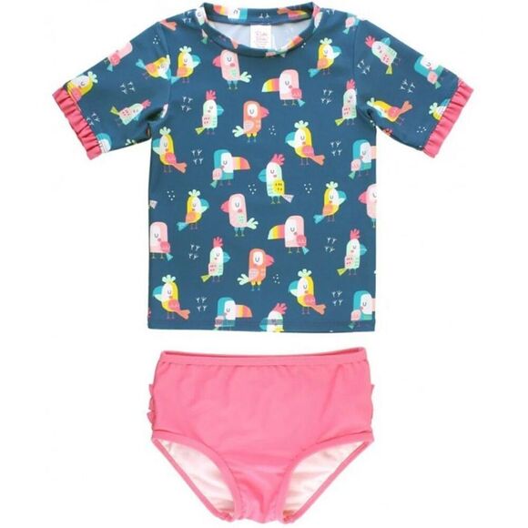 NWOT Ruffle Butts "You're The Tweetest" Mid-Sleeve Two Piece Swimsuit Baby Girl - Picture 2 of 10